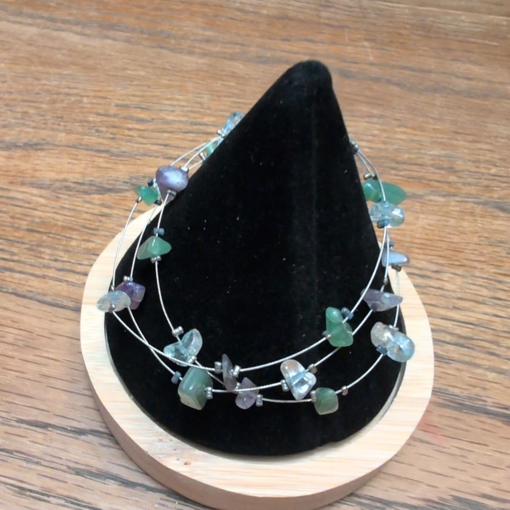 Fluorite Chip Multi Strand Bracelet Green Purple‎ Silver Tone Wire Lobster Clasp
